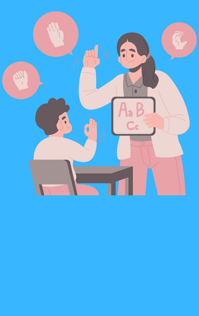 Woman teaching sign language to a student