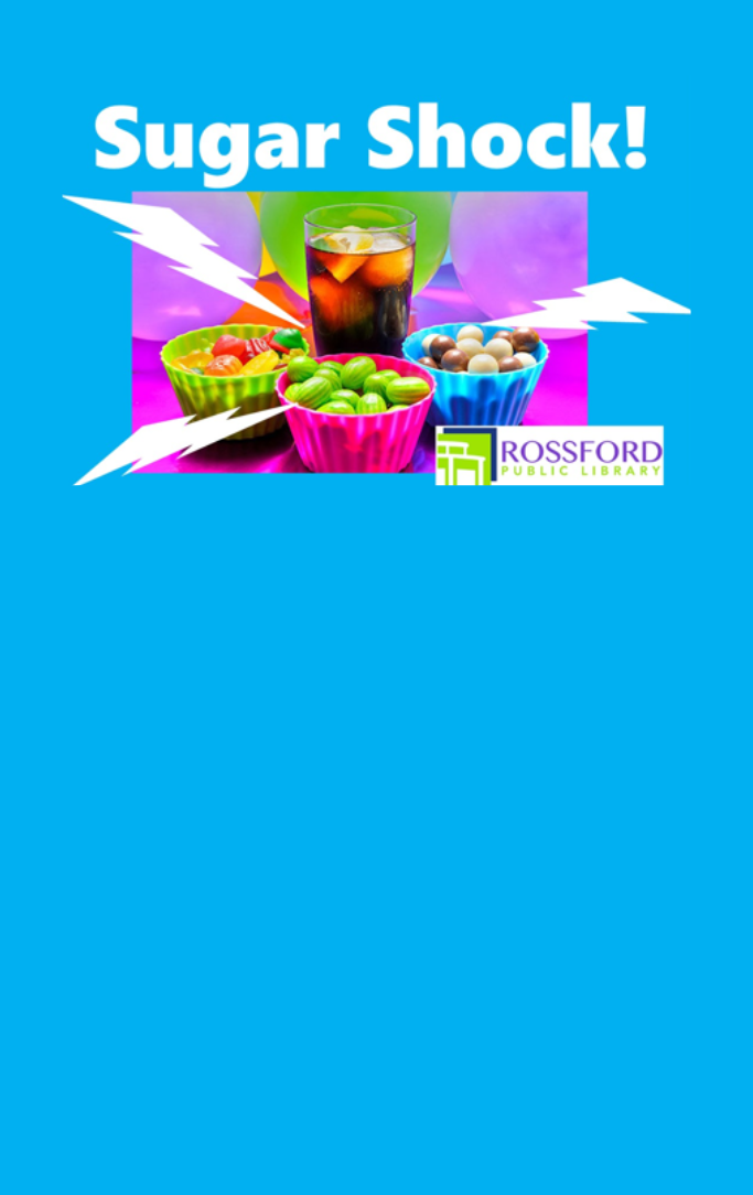 Sugar Shock with pictures of candy and pop and white lightning bolts