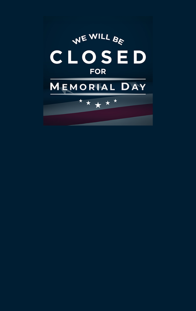 We will be closed for Memorial Day above the United States flag