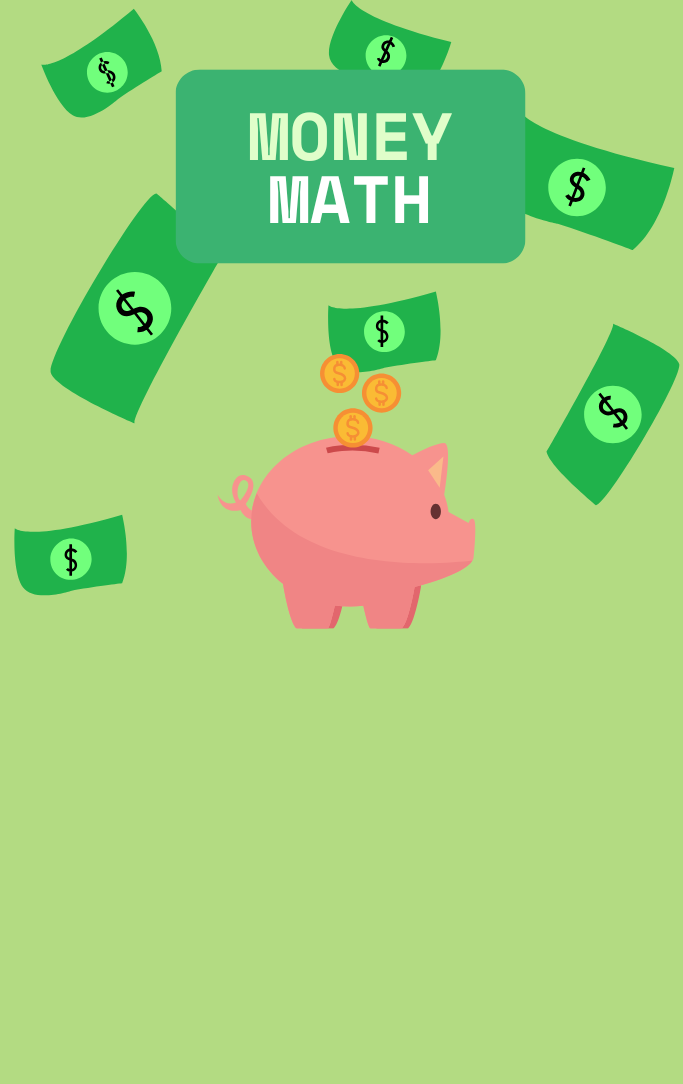 Money Math with flying dollar bills and a piggy bank with coins