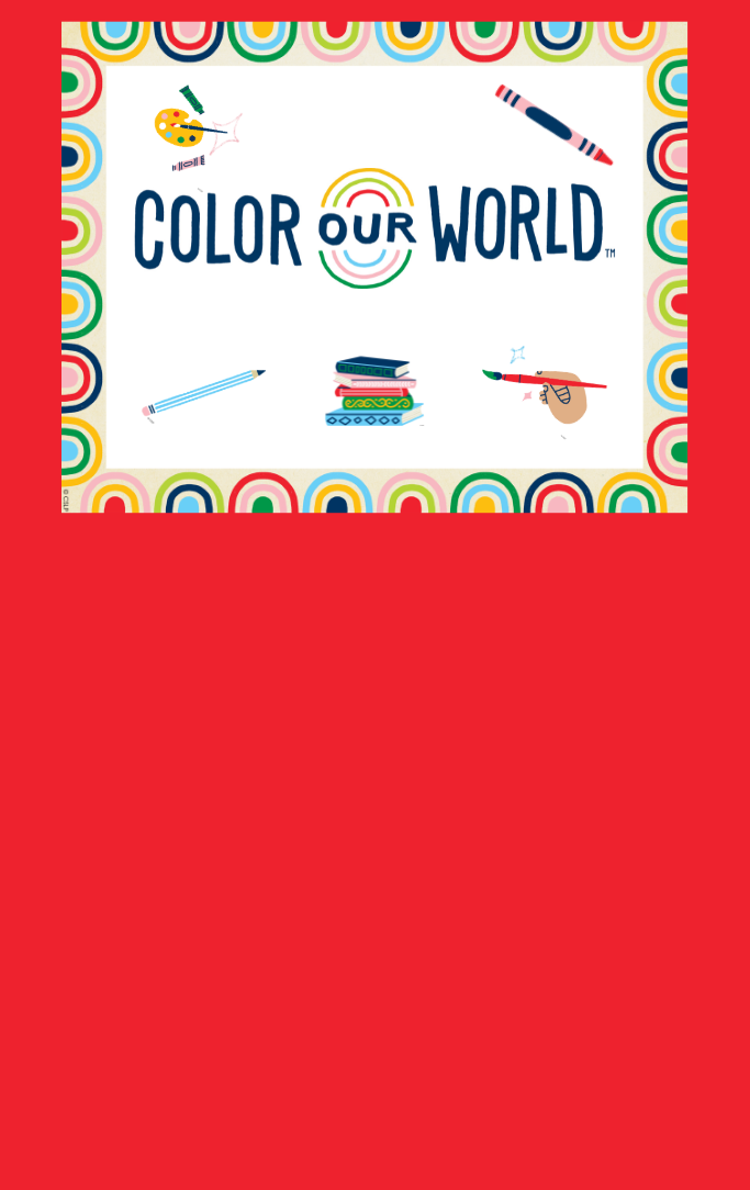 Color Our World Summer Reading Club logo with rainbows on border plus pictures of stacked books, hand painting, paint, canvas and paintbrush plus pencil and crayon