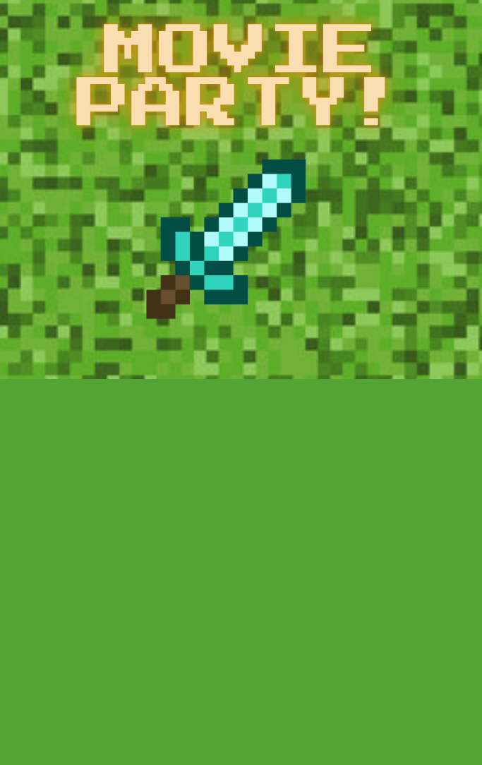 Green pixelated background with words movie party above a pixelated sword