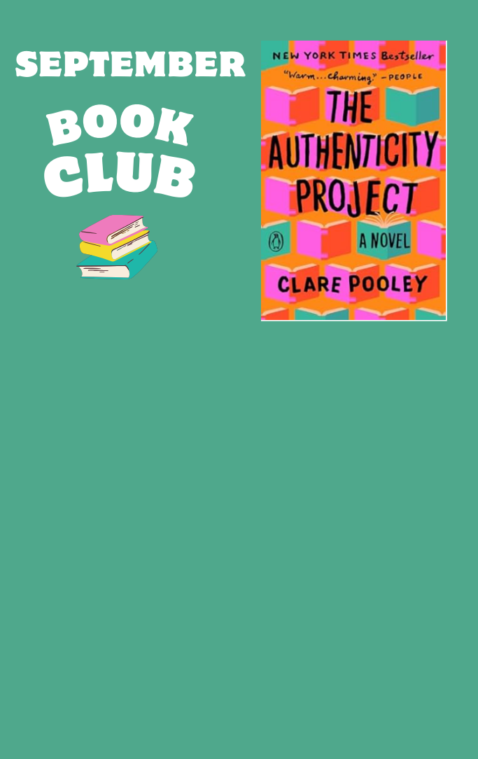 September book club flyer with the cover of the book "The Authenticity Project" by Clare Pooley