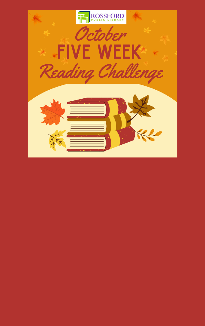 October Five Week Reading Challenge on orange background with fall leaves falling and a picture of books with leaves