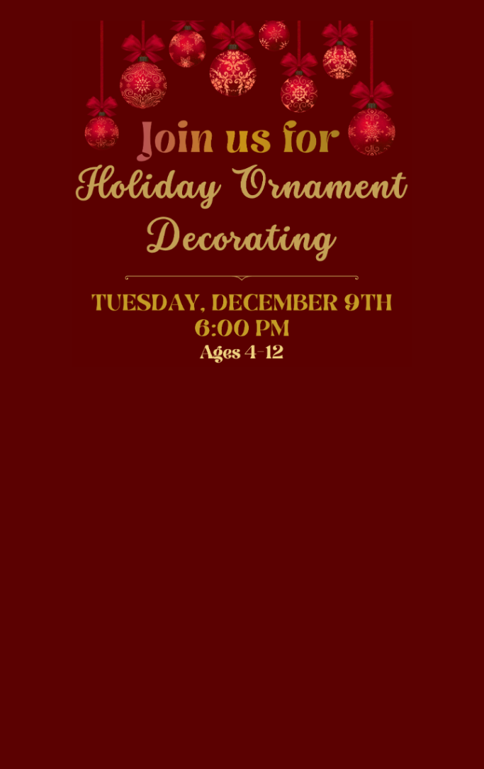 Red ornaments hanging above information about the ornament making program