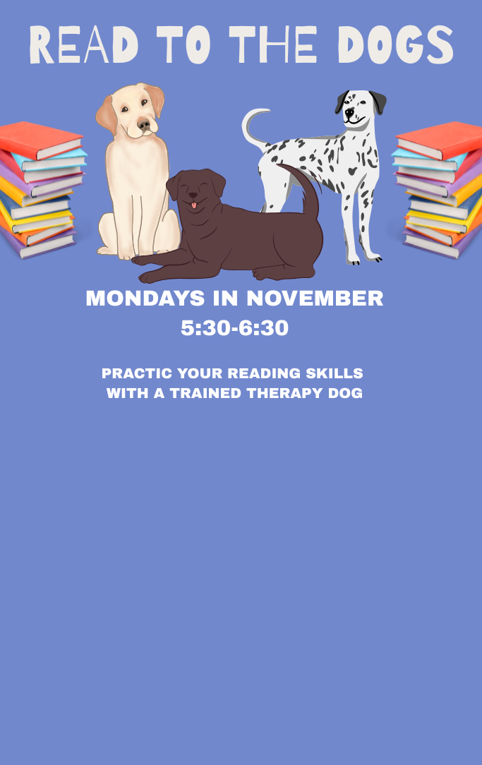 Read to the dogs event information with picture of three dogs and stacks of books