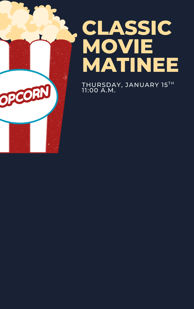 Popcorn container with Classic Movie Matinee and time of program