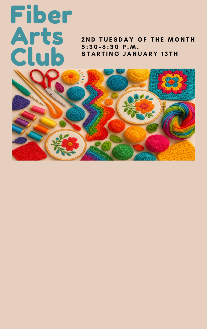 Fiber Arts Club flyer with meeting information above picture of colorful fiber art