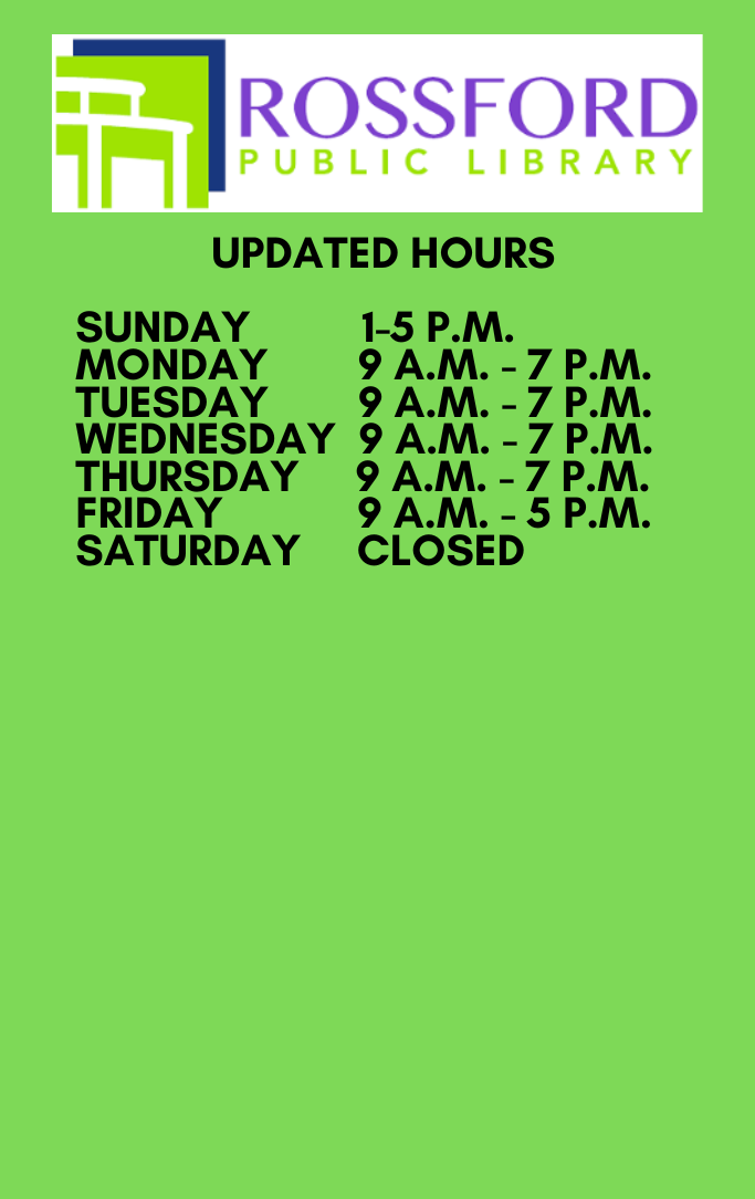Library logo with new updated hours for 2026