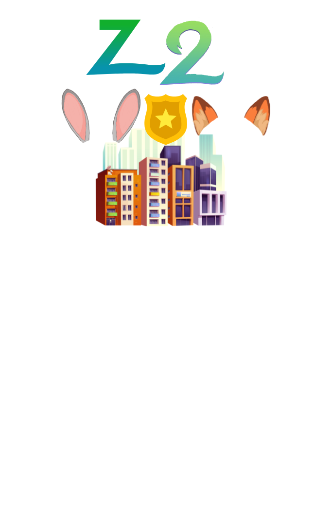 Image of the letter "z" and the number "2" with bunny ears, fox ears, and a badge above a city scape 
