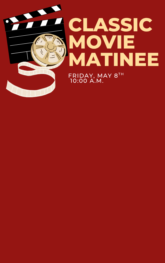 Black clapperboard and film reel with classic movie matinee program and time