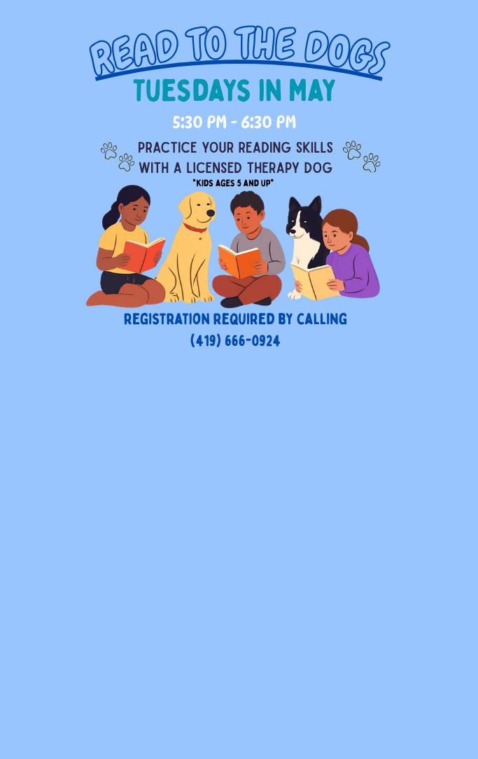 Read to the dogs event information with picture of kids reading with dogs