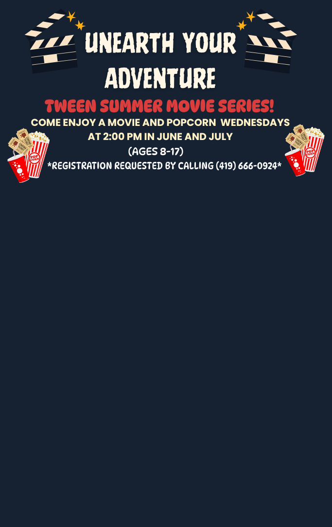 Tween Summer Movie Series program information with clipart of movie clapboard and popcorn, drink and tickets