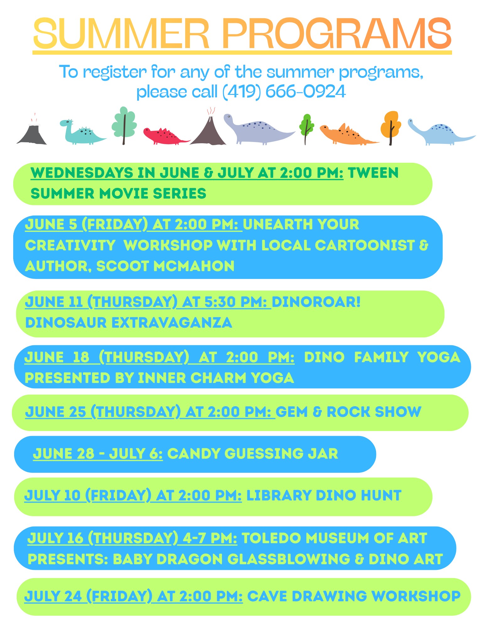 back of teen summer reading club flyer with details of weekly programs also found in website calendar
