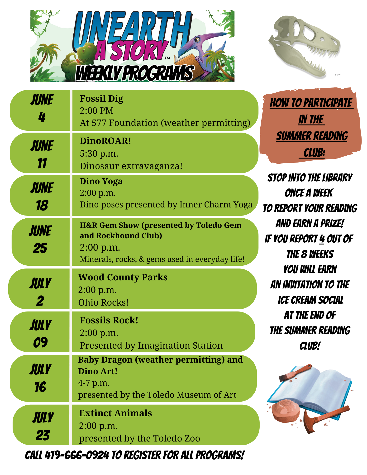 Back of Summer Reading club flyer with details of weekly programs, also found in website calendar