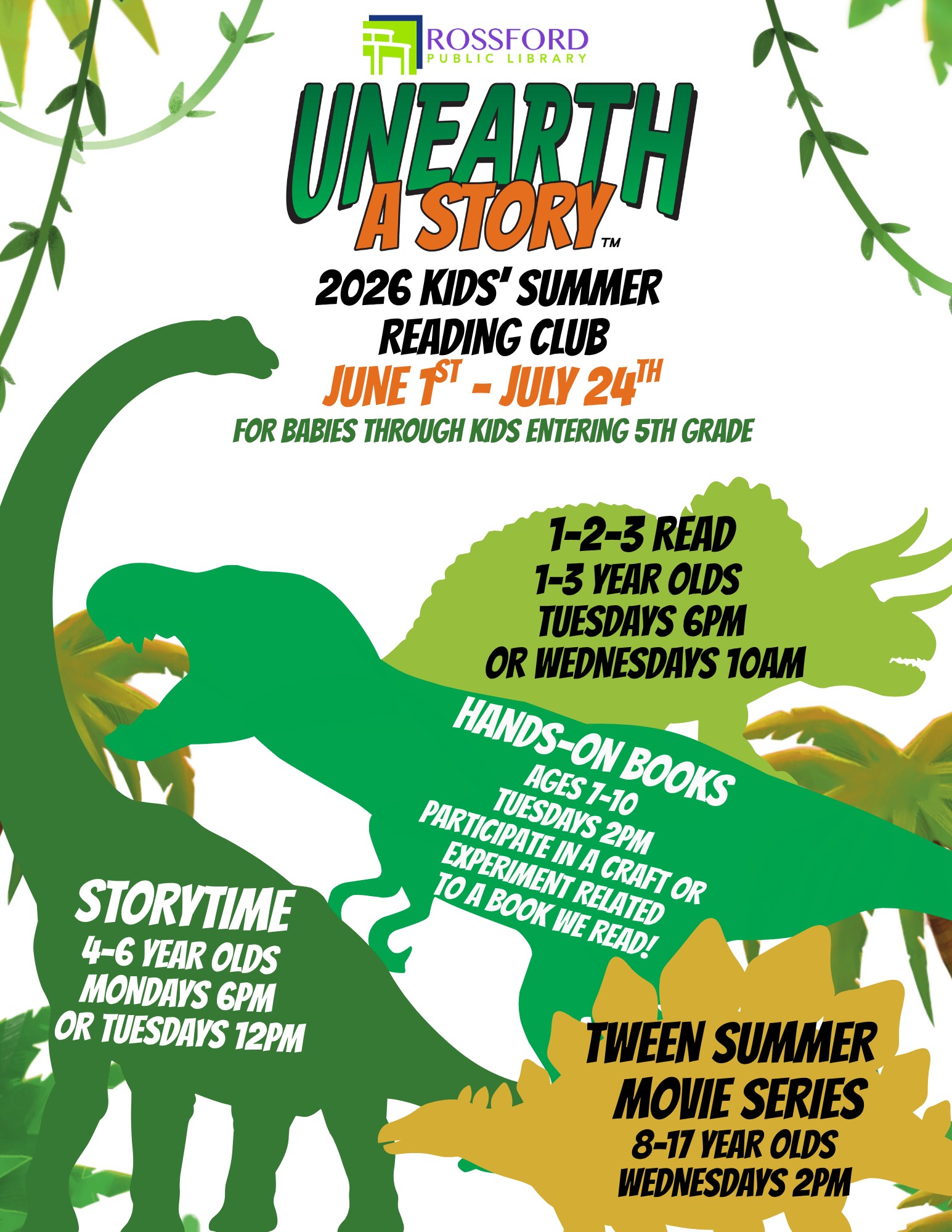 Front of Summer Reading Club flyer, details in website calendar