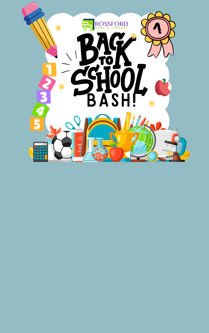 Rossford Public Library logo with Back to School Bash and clipart of school related items