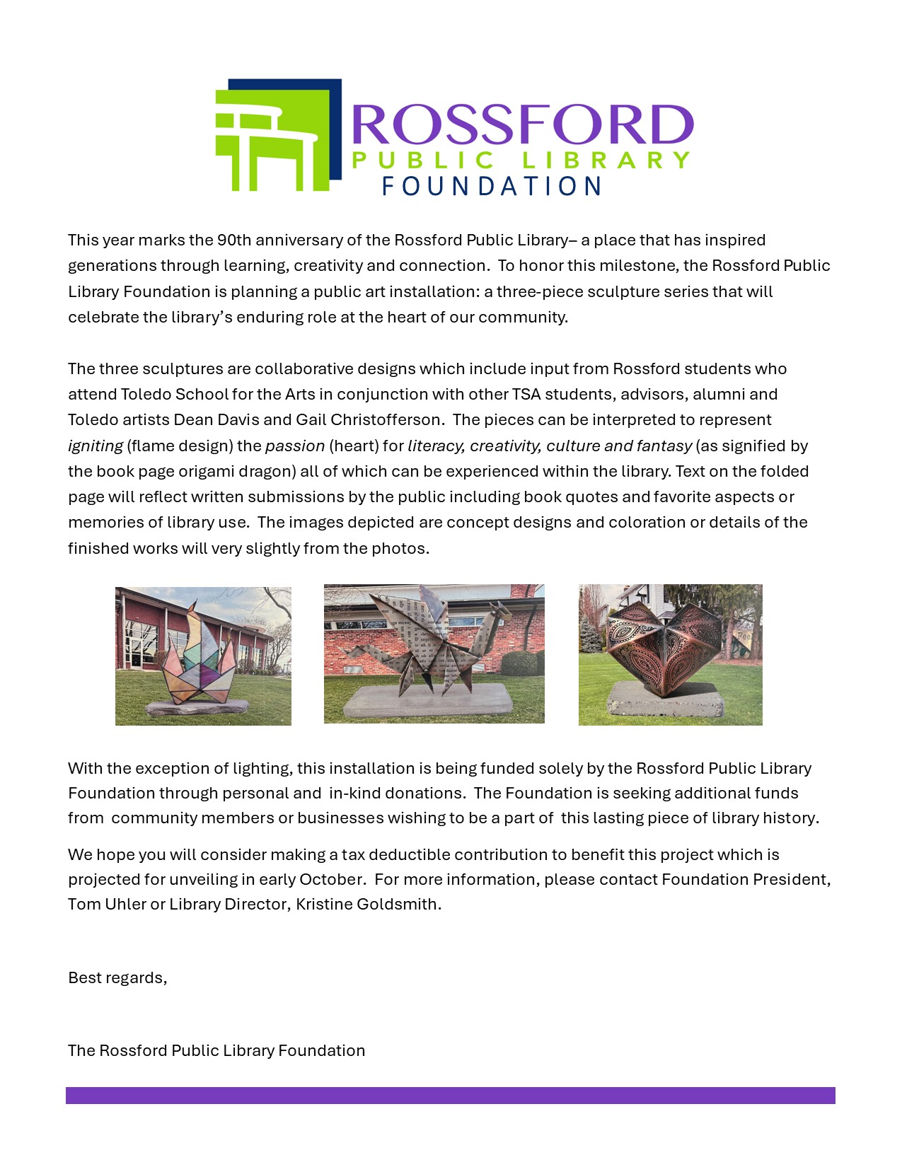 Rossford Public Library Foundation logo, letter about contribution project with images of proposed statues of fire, origami dragon, and heart