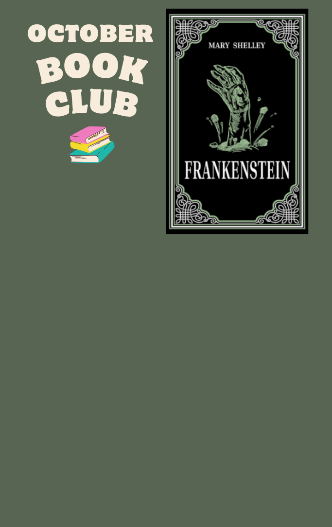 October book club with image of the cover of the book "Frankenstein" by Mary Shelley