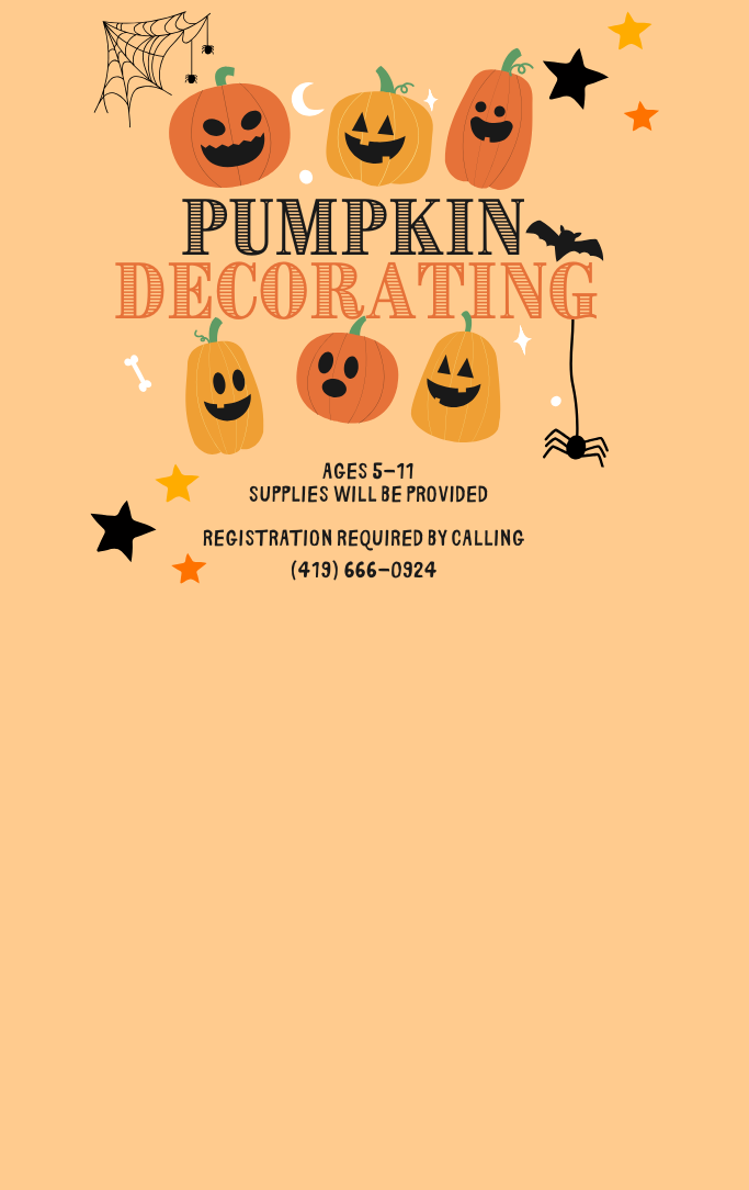 Pumpkin decorating program information with jack-o-lanterns, spiders and webs, stars, bone and moon