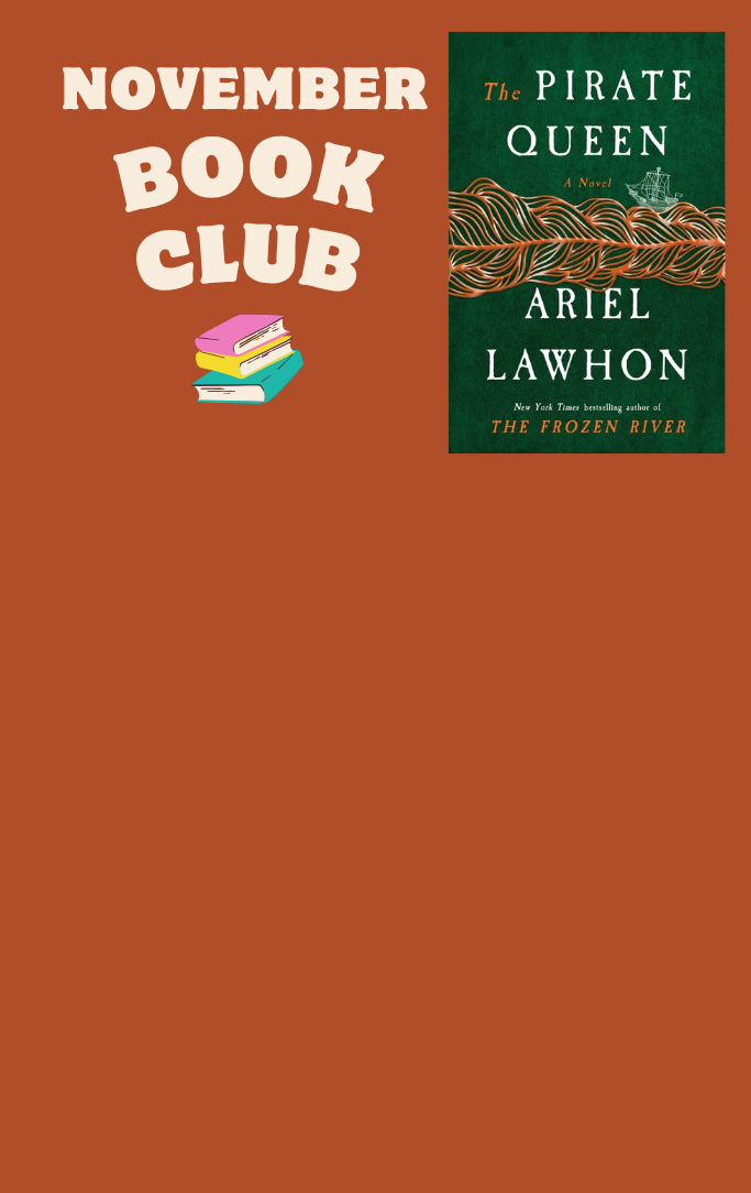 November book club with image of the cover of the book "The Pirate Queen" by Ariel Lawthon